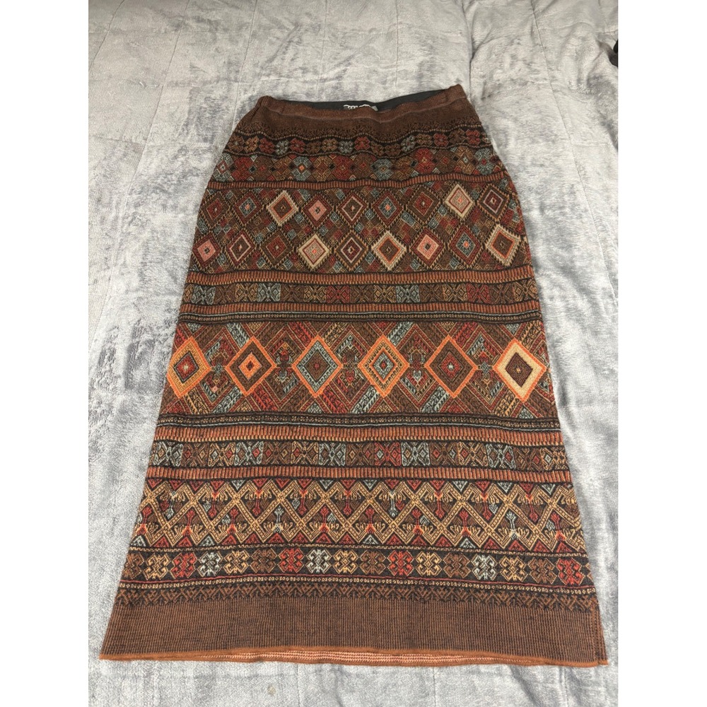 Peruvian Connection Brown Geometric Knit Maxi Skirt Boho Southwestern Size M